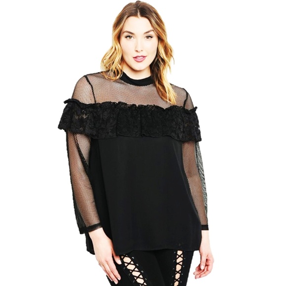 PLUS Black Victorian Gothic Lace Trim Chiffon Top - Picture 2 of 8